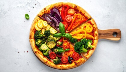 Top view of a colorful vegetarian pizza sliced and arranged on a wooden board with fresh basil and various cooked vegetables on a light gray textured background