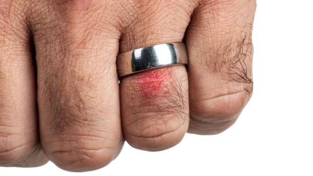 PNG of Close-up of a male's hand with a silver ring and a red irritation on the finger, illustrating potential ring-related discomfort. - Powered by Adobe