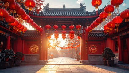 Traditional Chinese Archway Decorated With Red Lanterns During Sunrise With Golden Sunlight Streaming Through