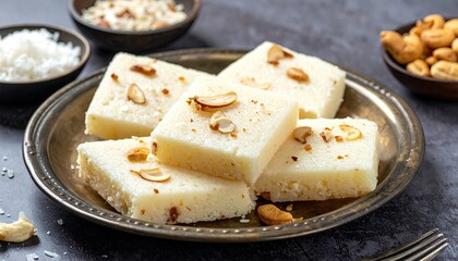 Traditional Indian Imarti Sweets Served With Saffron Milk And Topped With Nuts On A Rustic Plate With A Warm Natural Lighting Style