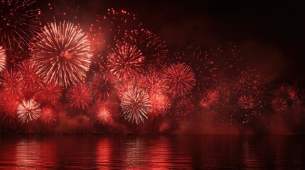 spectacular red fireworks exploding over water at night