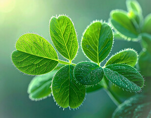 Macro of Compound Seedling Leaves with Morning Dew Backlight