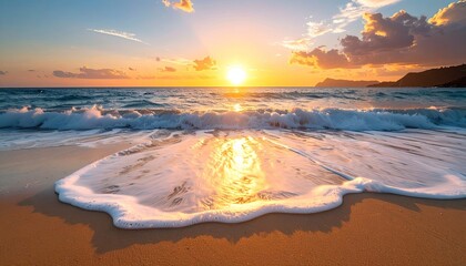 Golden Ocean Sunset With Reflecting Sun on Wet Sand and Breaking Waves on Sandy Beach With Distant Hills Under Cloudy Sky
