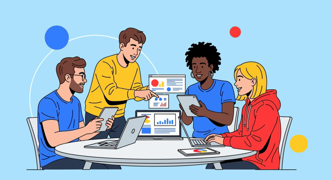 Diverse Team Collaborating on Data Analytics Strategies with Modern Technology at Work