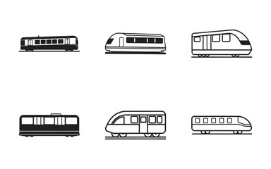 Collection of Modern Train Icons in Black and White Vector Illustration for Transportation Themes and Design Projects