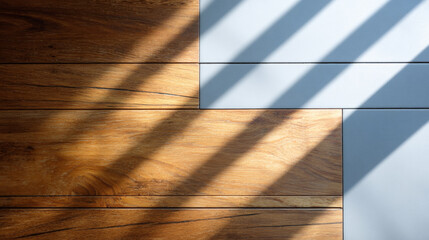 Sunlight casting diagonal shadows on a wooden and white tiled floor creating geometric patterns and warm natural textures