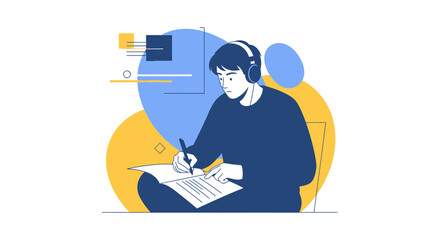 Focused Individual Immersed In Study, Listening To Audio, And Taking Notes