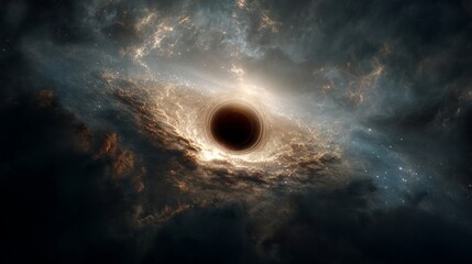 Cosmic Enigma: Gaze into the depths of a mesmerizing black hole, a celestial wonder swirling amidst cosmic clouds of gas and dust. A visual exploration of the universe's most mysterious phenomena.