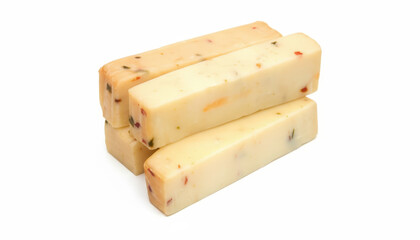 Pile of cheese sticks isolated on white background, delicious snack