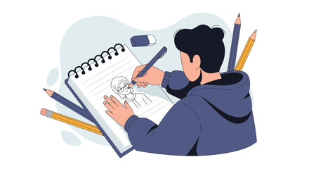 Illustration Of A Person Sketching A Portrait In A Notebook With Pencils nearby