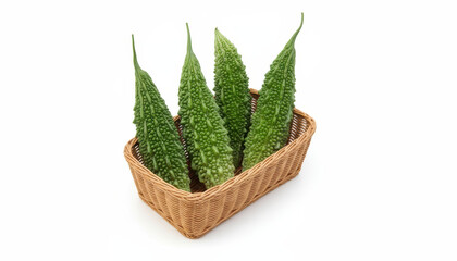 Bitter melons in a basket isolated on white background