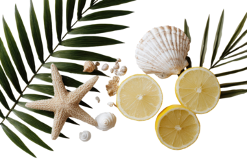 Tropical seashell and citrus fruit flatlay