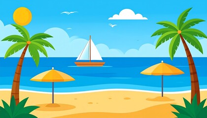 Obraz premium Sunny beach scene with palm trees, ocean, sailboat, and umbrellas
