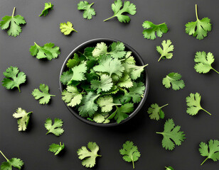 Cilantro or Coriander Leaves in Bowl on Dark Background Flat Lay