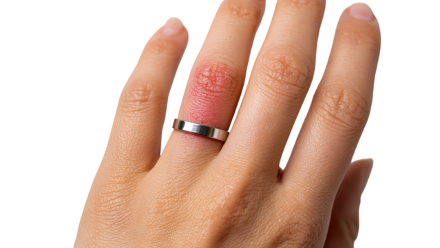 PNG of Close-up of a woman's hand showing a silver ring with an impression on her finger, emphasizing aesthetics and craftsmanship. - Powered by Adobe