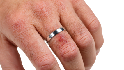 PNG of A close-up of a male hand with a silver ring, revealing a bruised finger, symbolizing injury or discomfort.