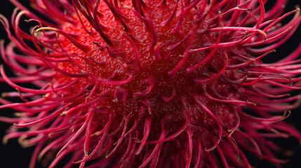 An extreme close-up macro shot of the red, hairy skin of a rambutan, focusing on the texture of the "hairs". Isolated on a seamless, solid dark background. Abstract and detailed.