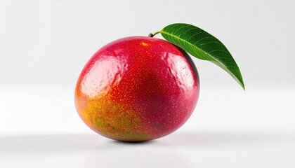 Ripe Red And Yellow Mango Fruit With Green Leaf On White Background Studio Shot