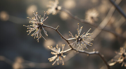 Macro detail of spiky dry seed heads on a winter branch.
A close-up, macro photograph capturing the delicate detail of several spiky, star-shaped dry seed heads attached to a thin