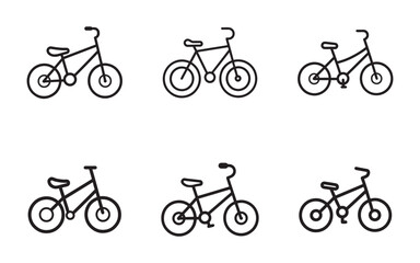 Fototapeta premium Collection of Six Simple Bicycle Icons in Black and White Minimalist Design for Transportation and Recreation Projects