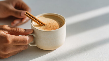 Close-up of hands holding a ceramic cup filled with frothy cinnamon-spiced beverage on a white surface with natural light