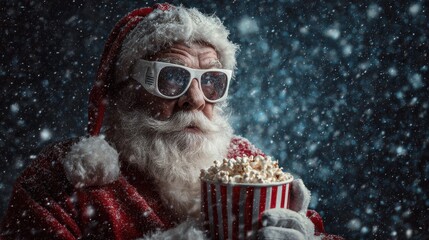 santa claus with 3d glasses and popcorn bucket christmas movie night concept