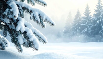 Snow Covered Pine Tree Branch in a Winter Forest With Falling Snow and Soft Sunlight