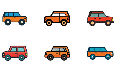 Collection of Six Stylized Cartoon Cars in Orange and Red Tones Perfect for Childrens Illustrations and Educational Materials