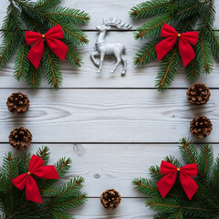 Flat Lay Christmas Border with Pine Branches, Red Bows, and Silver Reindeer on Grey Wood