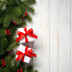 Elegant Holiday Scene with Wrapped Presents, Pine Branches, and Berries on Wooden Surface