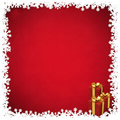 Vintage Red Holiday Illustration with White Snow Border and Gold Ribbon Presents