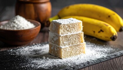 Square shaped traditional Turkish lokma dessert dusted with powdered sugar and bananas in the background on a dark wooden table with soft lighting