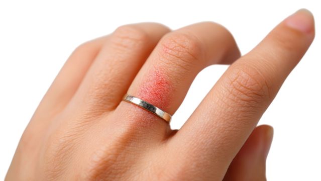 PNG of Close-up of a woman's hand displaying a reddened ring finger, showing irritation caused by a metal ring. - Powered by Adobe