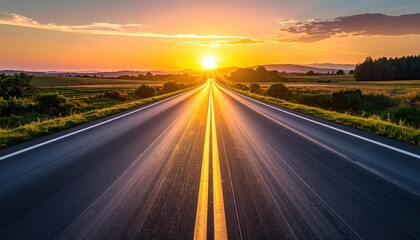 Straight Asphalt Road Towards a Blazing Golden Sunset Over a Rural Landscape with Fields and Distant Trees in Warm Golden Hour Light