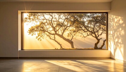 Stunning Golden Hour Sunlight Beaming Through Large Window Illuminating Ancient Trees Outside
