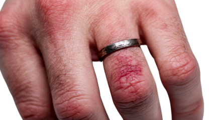 PNG of A close-up of a male hand with a silver ring, showcasing red irritation on the finger, emphasizing skin details.
