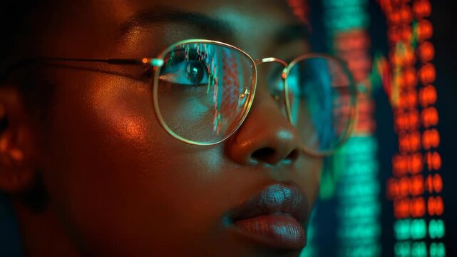 Focused african female analyzing data visualizations with glasses in neon light