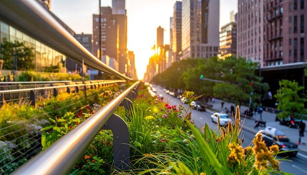 Elevated park offers cityscape views during golden hour, with lush greenery and skyscrapers