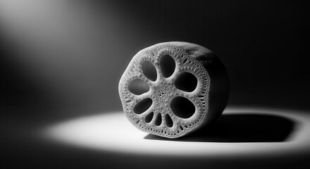 Dramatic Black And White Image Of Lotus Root In Spot Light Exhibiting Intricate Details