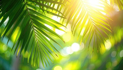 Sunlight filters through lush green palm leaves in a tropical forest with soft bokeh background and bright lens flare creating a serene and vibrant atmosphere