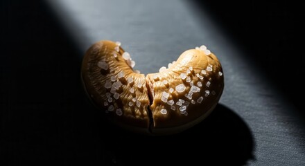 Dramatic Cashew Nut With Sea Salt Crystals In The Shade Against Dark Surface