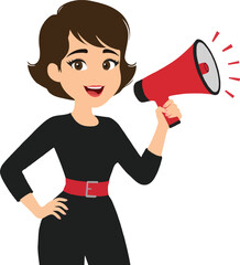 a woman happily promoting a deal with a megaphone