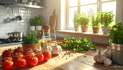 Sunlit Kitchen Counter With Fresh Tomatoes Garlic Herbs And Olive Oil Ready For Cooking In Natural Light