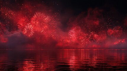 spectacular red fireworks exploding over water at night