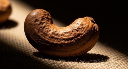 Dramatic Close Up Of Cashew Nut On Fabric, With Shadows And Selective Focus