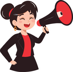a woman happily promoting a deal with a megaphone