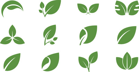 Green leaf logo collection, flat vector illustration of eco-friendly plant symbols, organic natural design elements for branding and decoration