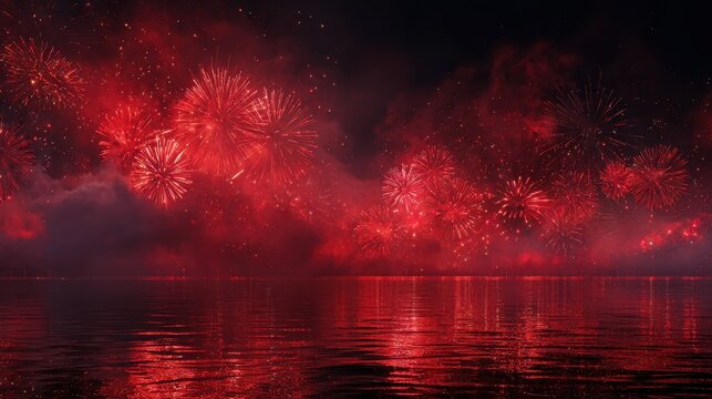 spectacular red fireworks exploding over water at night