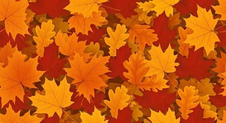 Fototapeta premium A vibrant, textured background of fallen autumn leaves in warm shades of red, orange, and yellow.