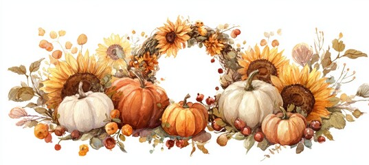 Watercolor Thanksgiving Wreath with Pumpkins, Berries, and Sunflowers